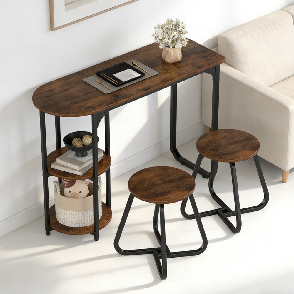 3-Piece Industrial Dining Table Set For Small Space Adjustable Foot 2 Side Shelves For Dining, Relaxing, Or Working_voghion.com